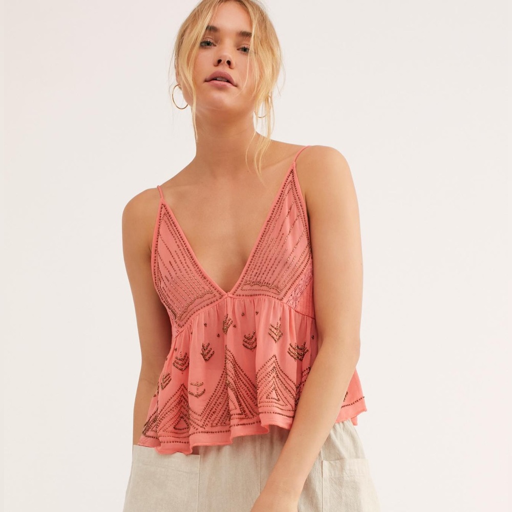 Beautiful Free People Lost In You Beaded Tank Coral XS nwot